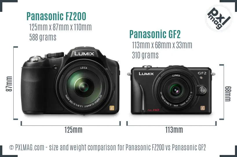 Panasonic FZ200 vs Panasonic GF2 size comparison