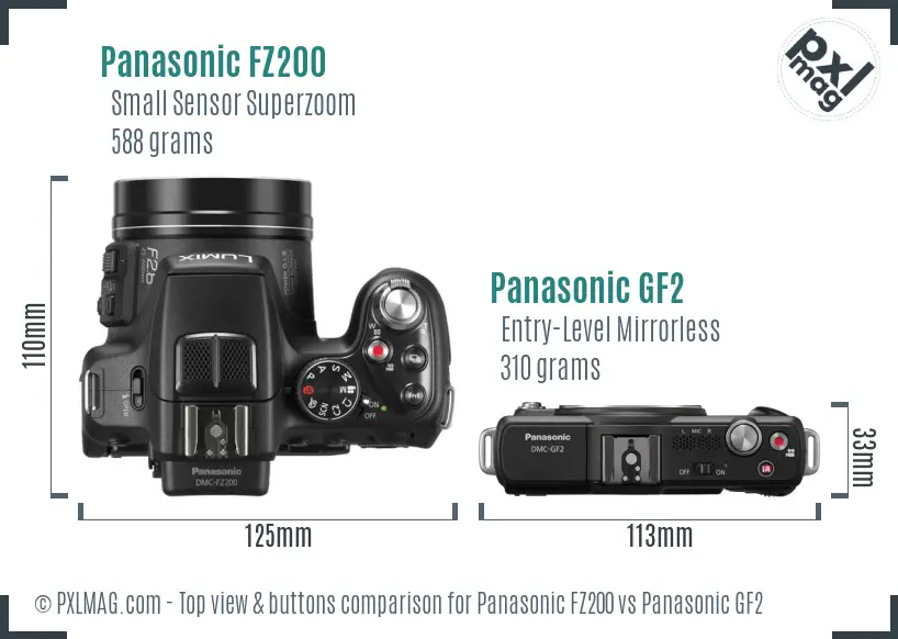 Panasonic FZ200 vs Panasonic GF2 top view buttons comparison