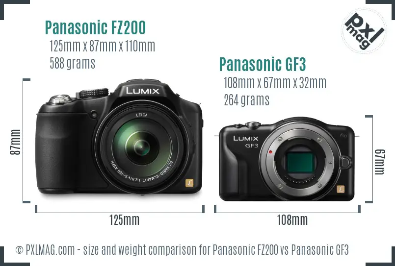 Panasonic FZ200 vs Panasonic GF3 size comparison