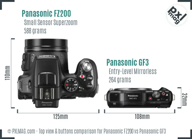 Panasonic FZ200 vs Panasonic GF3 top view buttons comparison