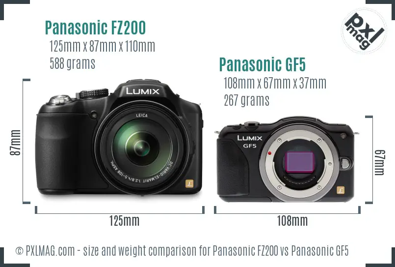 Panasonic FZ200 vs Panasonic GF5 size comparison