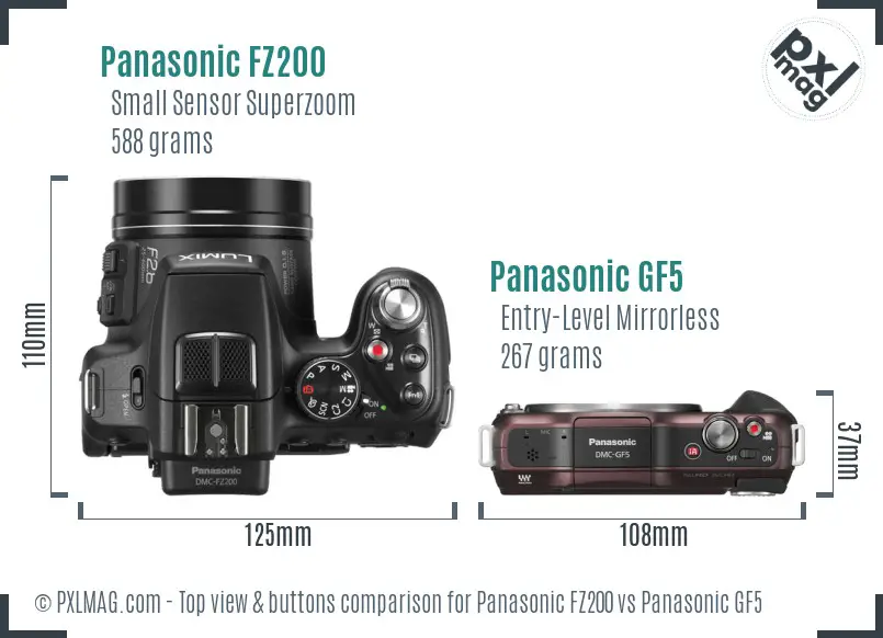 Panasonic FZ200 vs Panasonic GF5 top view buttons comparison