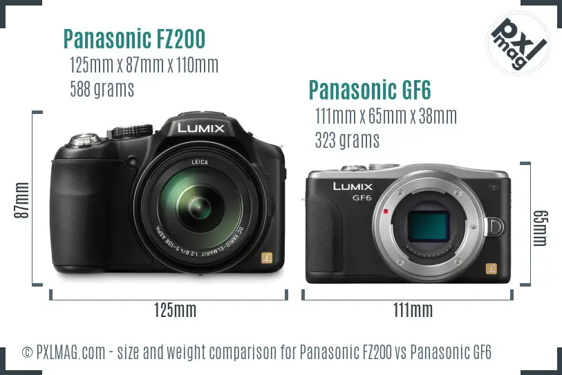 Panasonic FZ200 vs Panasonic GF6 size comparison