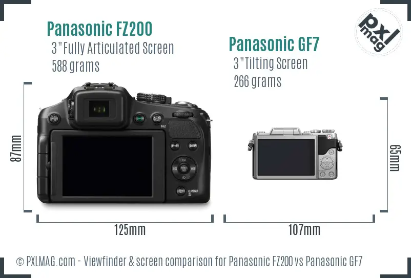 Panasonic FZ200 vs Panasonic GF7 Screen and Viewfinder comparison
