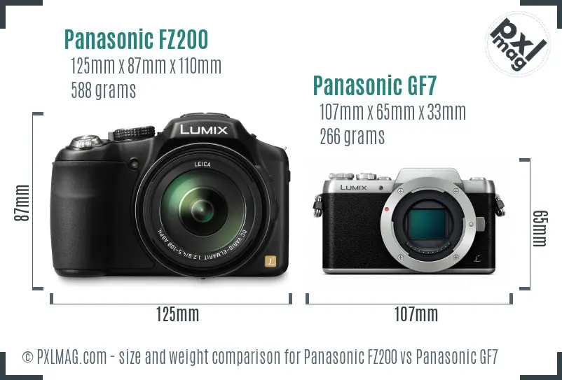 Panasonic FZ200 vs Panasonic GF7 size comparison