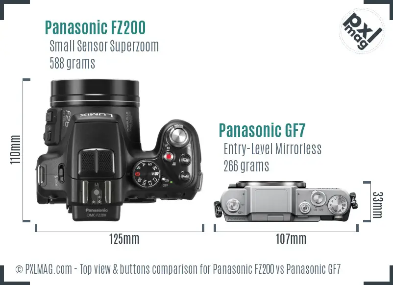 Panasonic FZ200 vs Panasonic GF7 top view buttons comparison