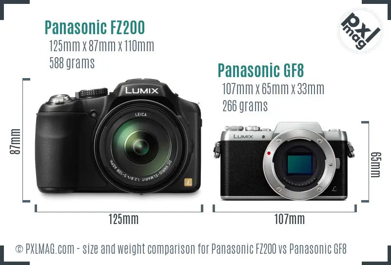Panasonic FZ200 vs Panasonic GF8 size comparison