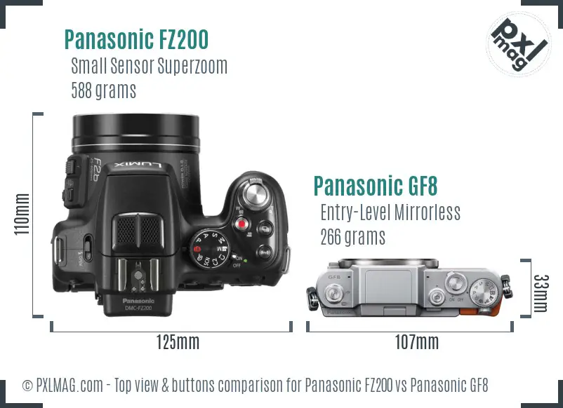 Panasonic FZ200 vs Panasonic GF8 top view buttons comparison