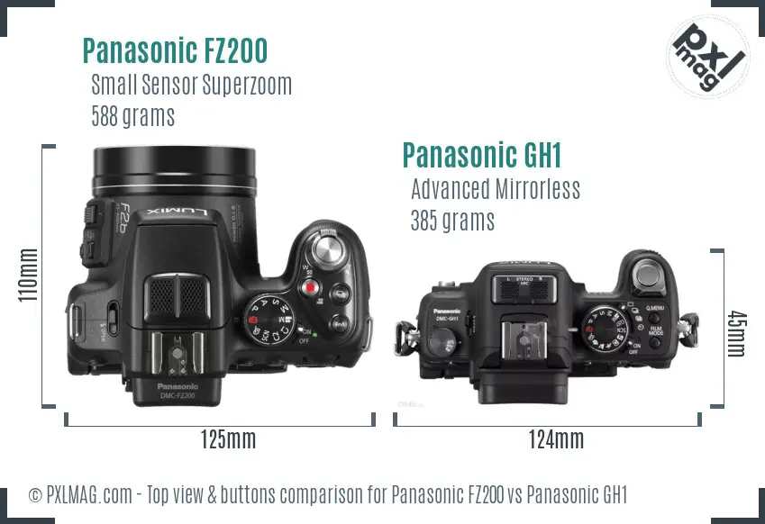 Panasonic FZ200 vs Panasonic GH1 top view buttons comparison