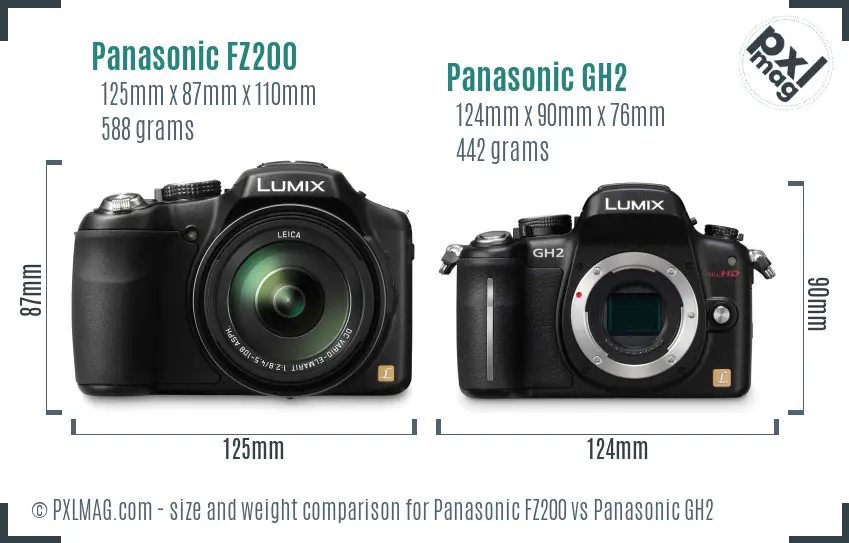 Panasonic FZ200 vs Panasonic GH2 size comparison