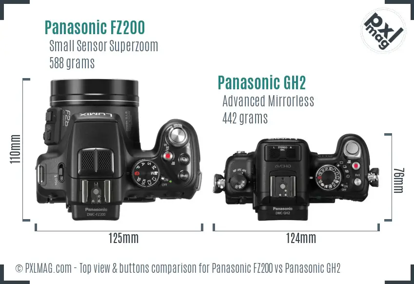 Panasonic FZ200 vs Panasonic GH2 top view buttons comparison