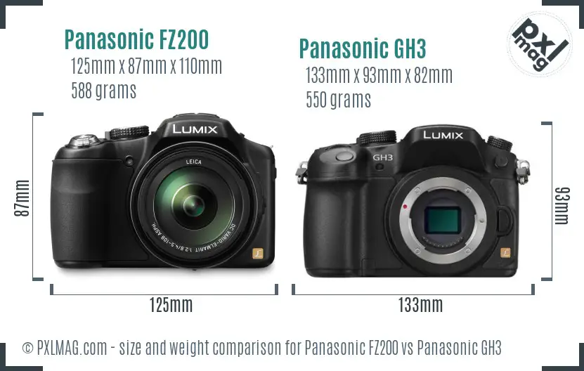 Panasonic FZ200 vs Panasonic GH3 size comparison