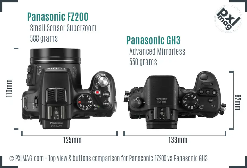 Panasonic FZ200 vs Panasonic GH3 top view buttons comparison
