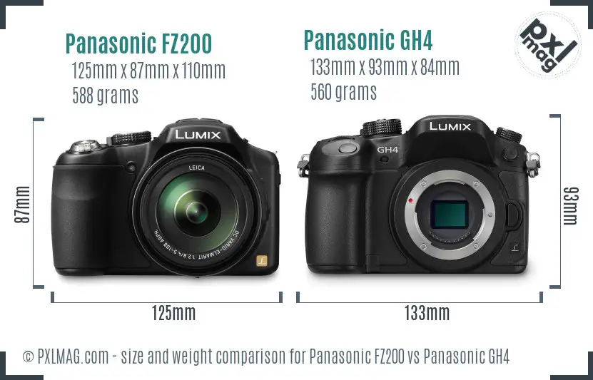 Panasonic FZ200 vs Panasonic GH4 size comparison
