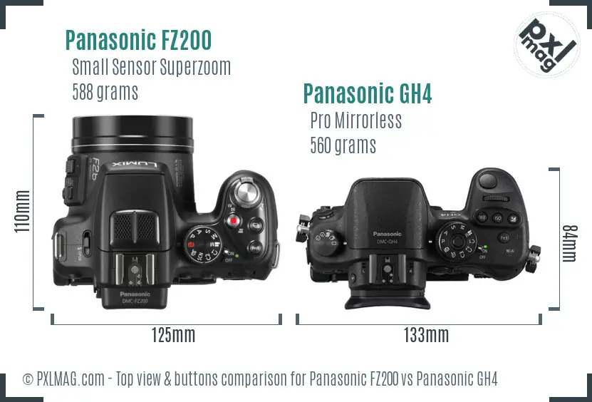 Panasonic FZ200 vs Panasonic GH4 top view buttons comparison