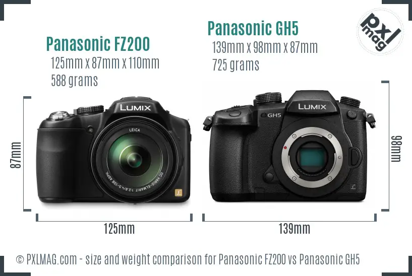 Panasonic FZ200 vs Panasonic GH5 size comparison