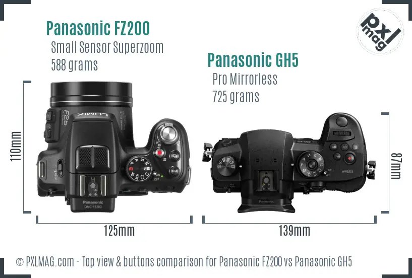 Panasonic FZ200 vs Panasonic GH5 top view buttons comparison