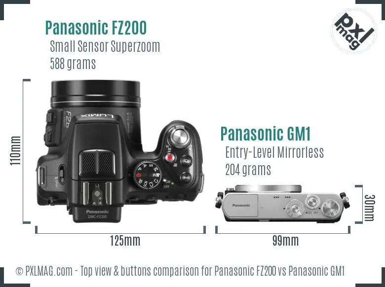 Panasonic FZ200 vs Panasonic GM1 top view buttons comparison