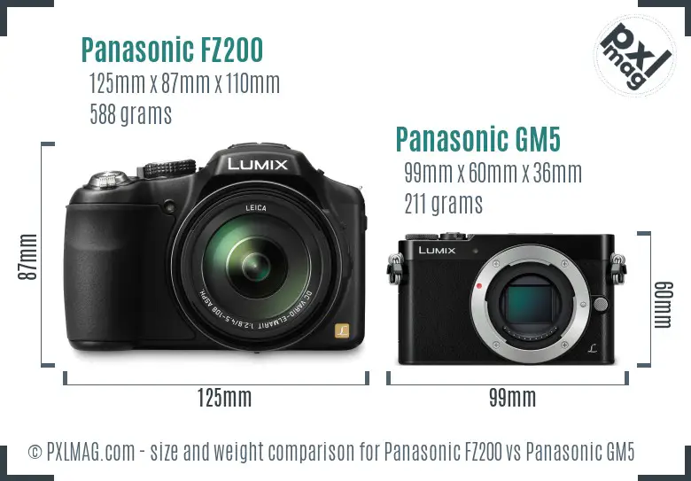 Panasonic FZ200 vs Panasonic GM5 size comparison