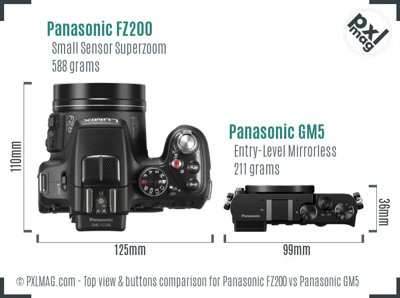 Panasonic FZ200 vs Panasonic GM5 top view buttons comparison