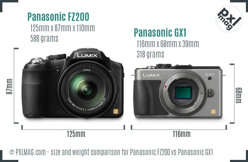 Panasonic FZ200 vs Panasonic GX1 size comparison
