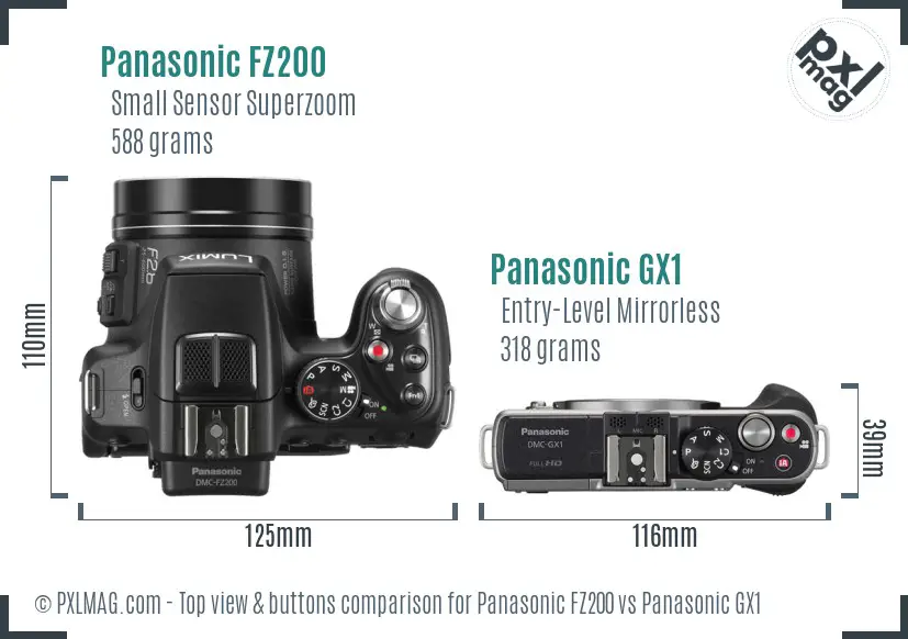 Panasonic FZ200 vs Panasonic GX1 top view buttons comparison
