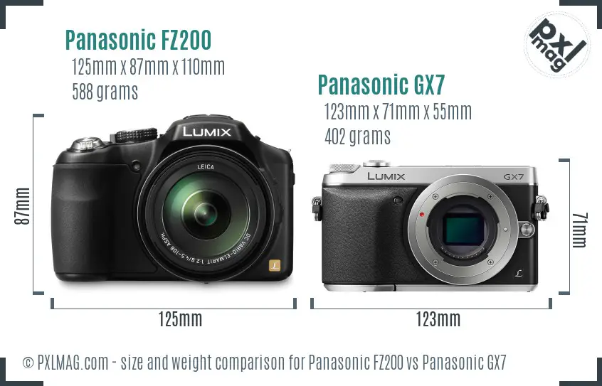 Panasonic FZ200 vs Panasonic GX7 size comparison