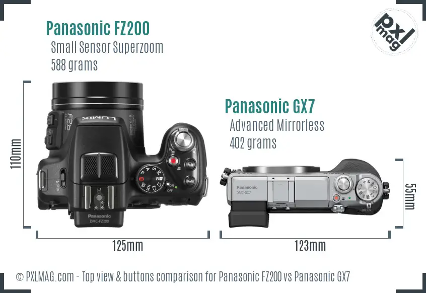 Panasonic FZ200 vs Panasonic GX7 top view buttons comparison