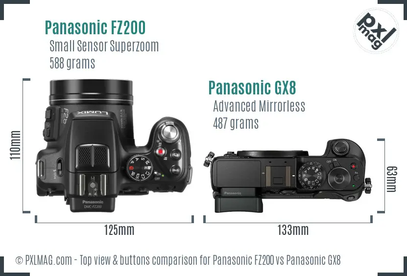 Panasonic FZ200 vs Panasonic GX8 top view buttons comparison