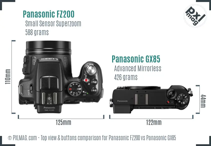 Panasonic FZ200 vs Panasonic GX85 top view buttons comparison
