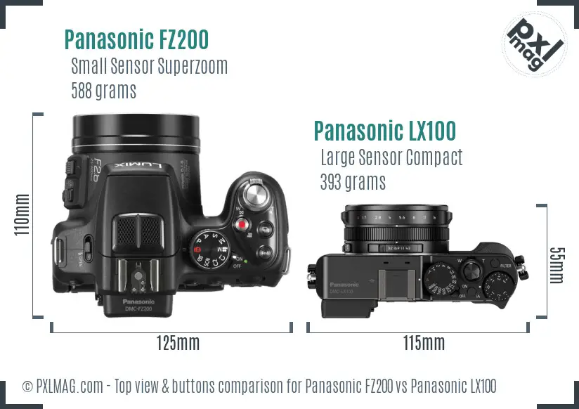 Panasonic FZ200 vs Panasonic LX100 top view buttons comparison