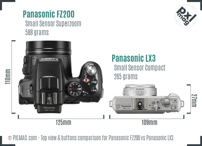 Panasonic FZ200 vs Panasonic LX3 top view buttons comparison