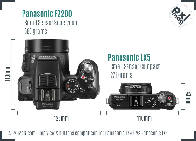 Panasonic FZ200 vs Panasonic LX5 top view buttons comparison