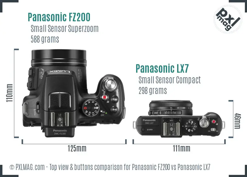 Panasonic FZ200 vs Panasonic LX7 top view buttons comparison