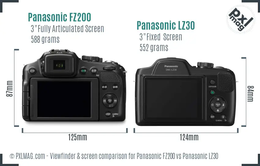 Panasonic FZ200 vs Panasonic LZ30 Screen and Viewfinder comparison