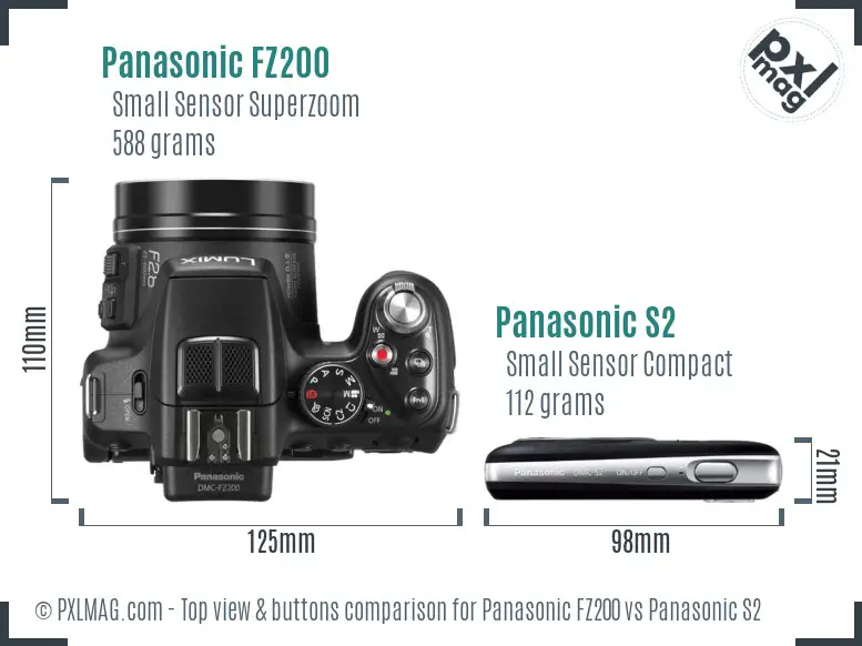 Panasonic FZ200 vs Panasonic S2 top view buttons comparison