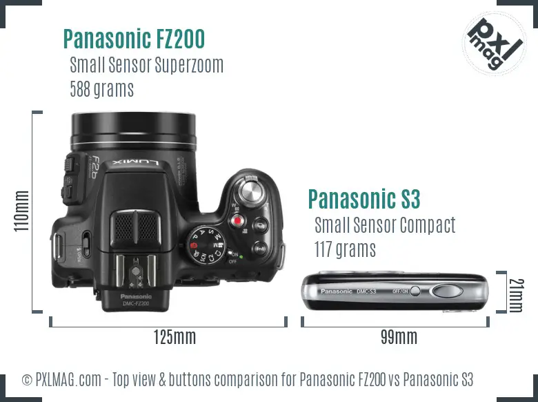 Panasonic FZ200 vs Panasonic S3 top view buttons comparison