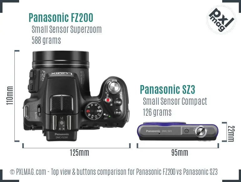 Panasonic FZ200 vs Panasonic SZ3 top view buttons comparison