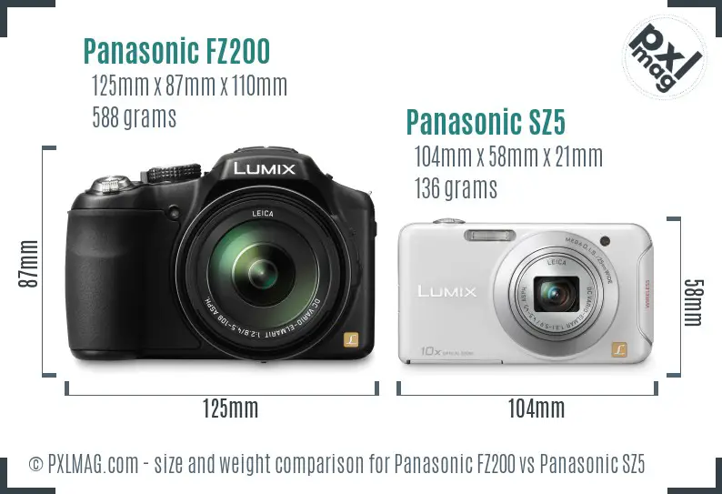 Panasonic FZ200 vs Panasonic SZ5 size comparison