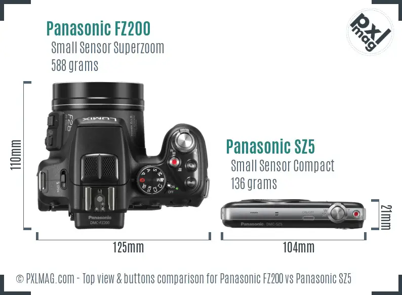 Panasonic FZ200 vs Panasonic SZ5 top view buttons comparison