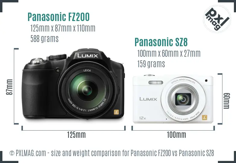 Panasonic FZ200 vs Panasonic SZ8 size comparison