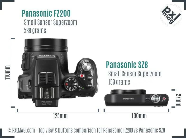 Panasonic FZ200 vs Panasonic SZ8 top view buttons comparison