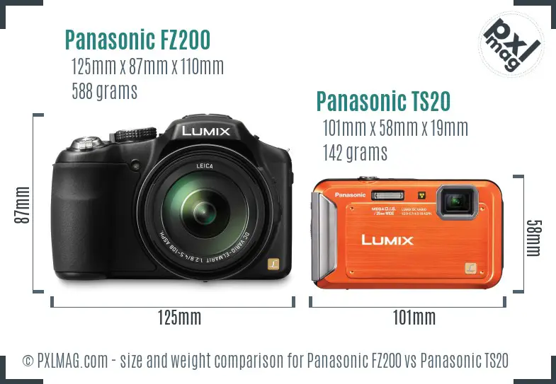 Panasonic FZ200 vs Panasonic TS20 size comparison