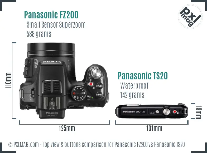 Panasonic FZ200 vs Panasonic TS20 top view buttons comparison