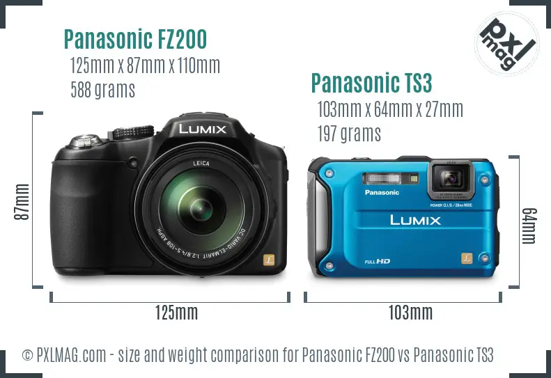 Panasonic FZ200 vs Panasonic TS3 size comparison