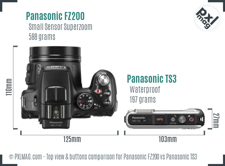 Panasonic FZ200 vs Panasonic TS3 top view buttons comparison