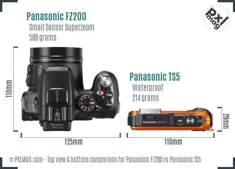 Panasonic FZ200 vs Panasonic TS5 top view buttons comparison
