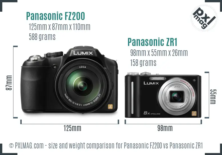 Panasonic FZ200 vs Panasonic ZR1 size comparison