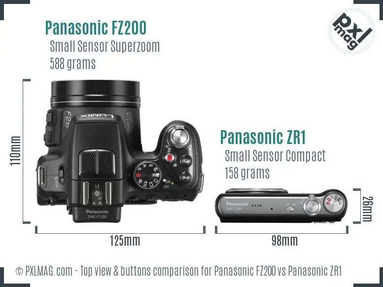 Panasonic FZ200 vs Panasonic ZR1 top view buttons comparison