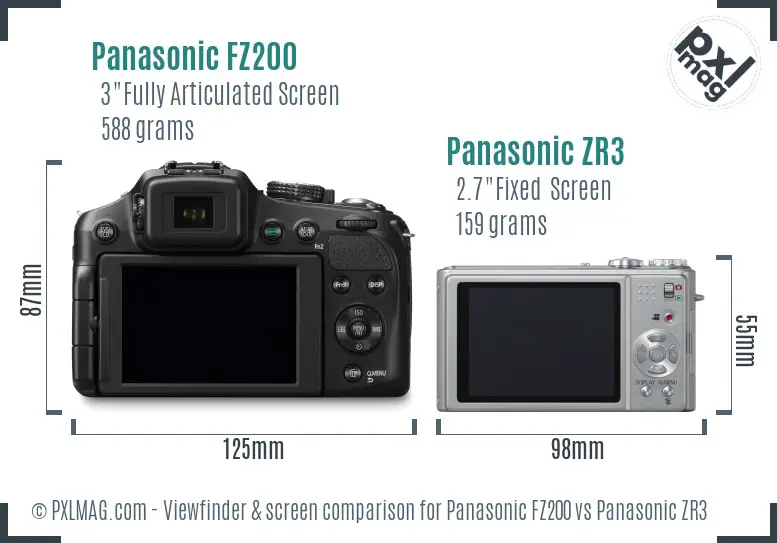 Panasonic FZ200 vs Panasonic ZR3 Screen and Viewfinder comparison